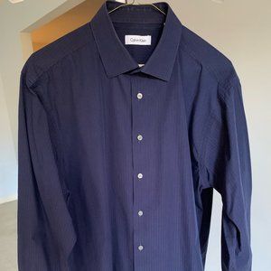 Calvin Klein, 16 1/2, 32/33", Navy with royal blue pinstripe shirt, 100% cotton